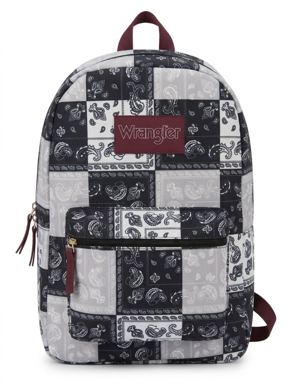 Wrangler Black White Paisley Patchwork Backpack with Maroon Accents